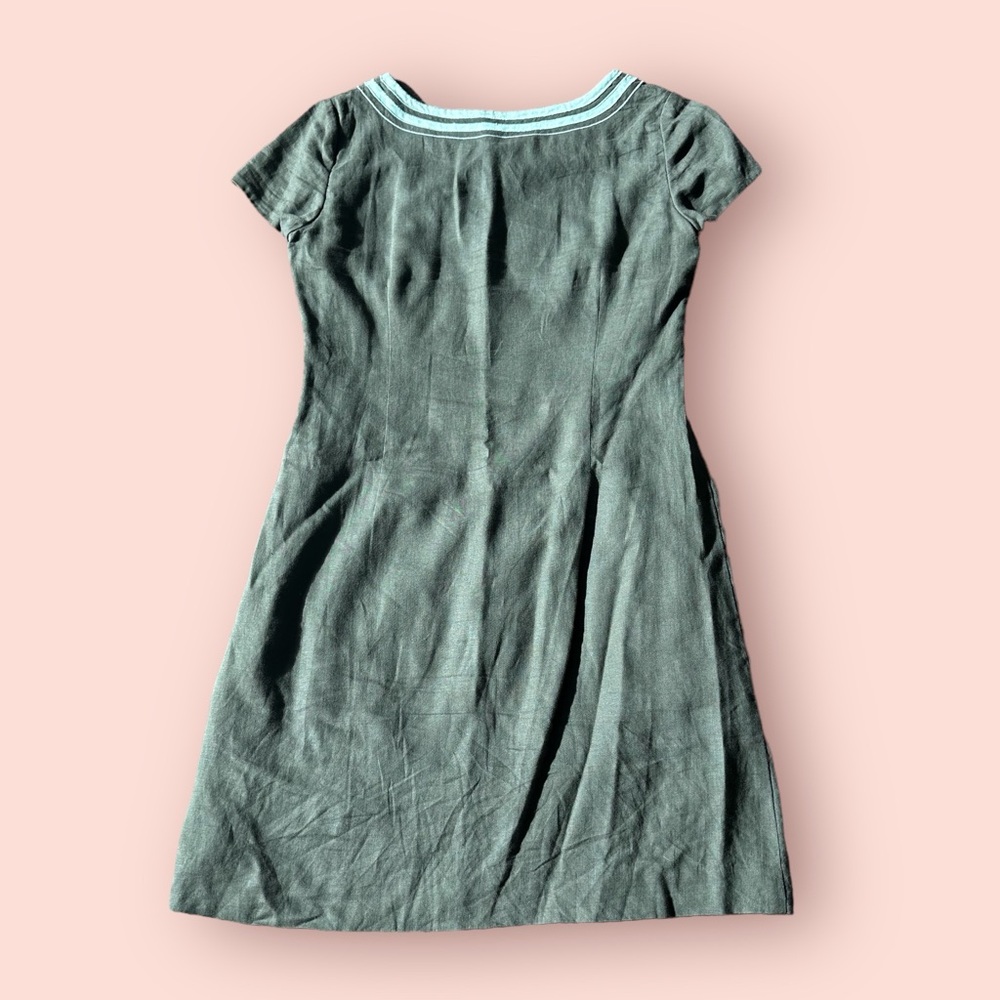 Women’s Boden Military Green Light Blue Embroidered Collar Linen Dress Size 12 - Picture 11 of 16